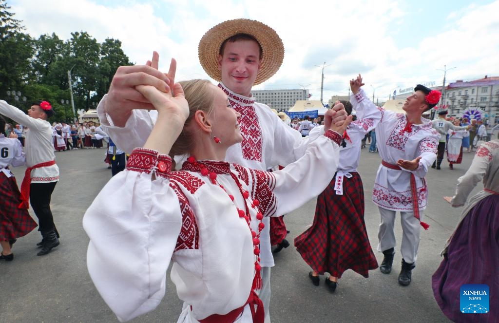 Contestants perform at a dance contest during the 34th International Festival of Arts Slavianski Bazaar in Vitebsk, Belarus, July 12, 2025. The 34th International Festival of Arts Slavianski Bazaar kicked off in Vitebsk of Belarus on Thursday, bring together prominent performers, artists and creative groups from all over the world. (Photo: Xinhua)