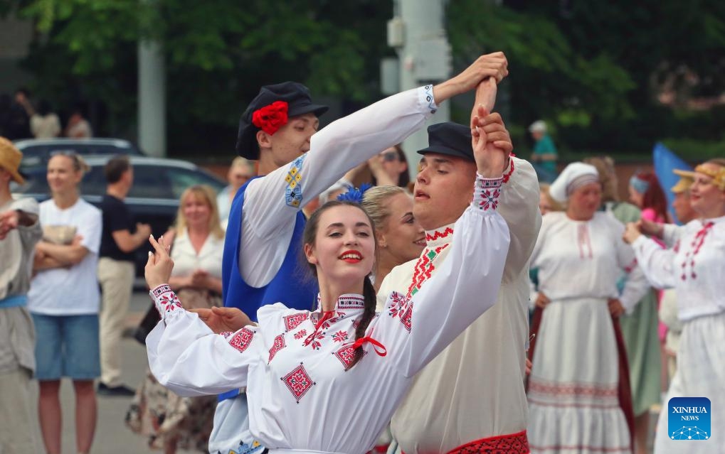 Contestants perform at a dance contest during the 34th International Festival of Arts Slavianski Bazaar in Vitebsk, Belarus, July 12, 2025. The 34th International Festival of Arts Slavianski Bazaar kicked off in Vitebsk of Belarus on Thursday, bring together prominent performers, artists and creative groups from all over the world. (Photo: Xinhua)