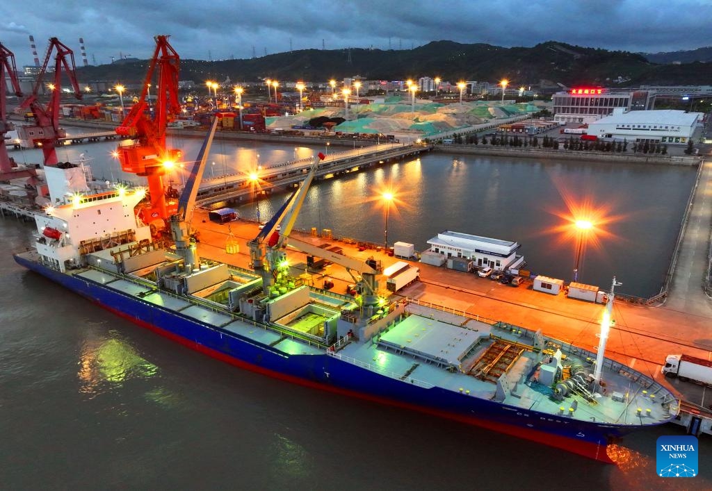 This aerial photo taken on July 9, 2025 shows a New Zealand cargo ship unloading at Damaiyu Port in Yuhuan City, east China's Zhejiang Province. China's maritime industry now handles nearly one-third of global maritime shipping volume, according to the 2025 China Maritime Day Forum held in the coastal town of Boao in south China's Hainan Province on Friday. China's booming marine economy is driving sustained and stable growth in global trade and development. (Photo: Xinhua)