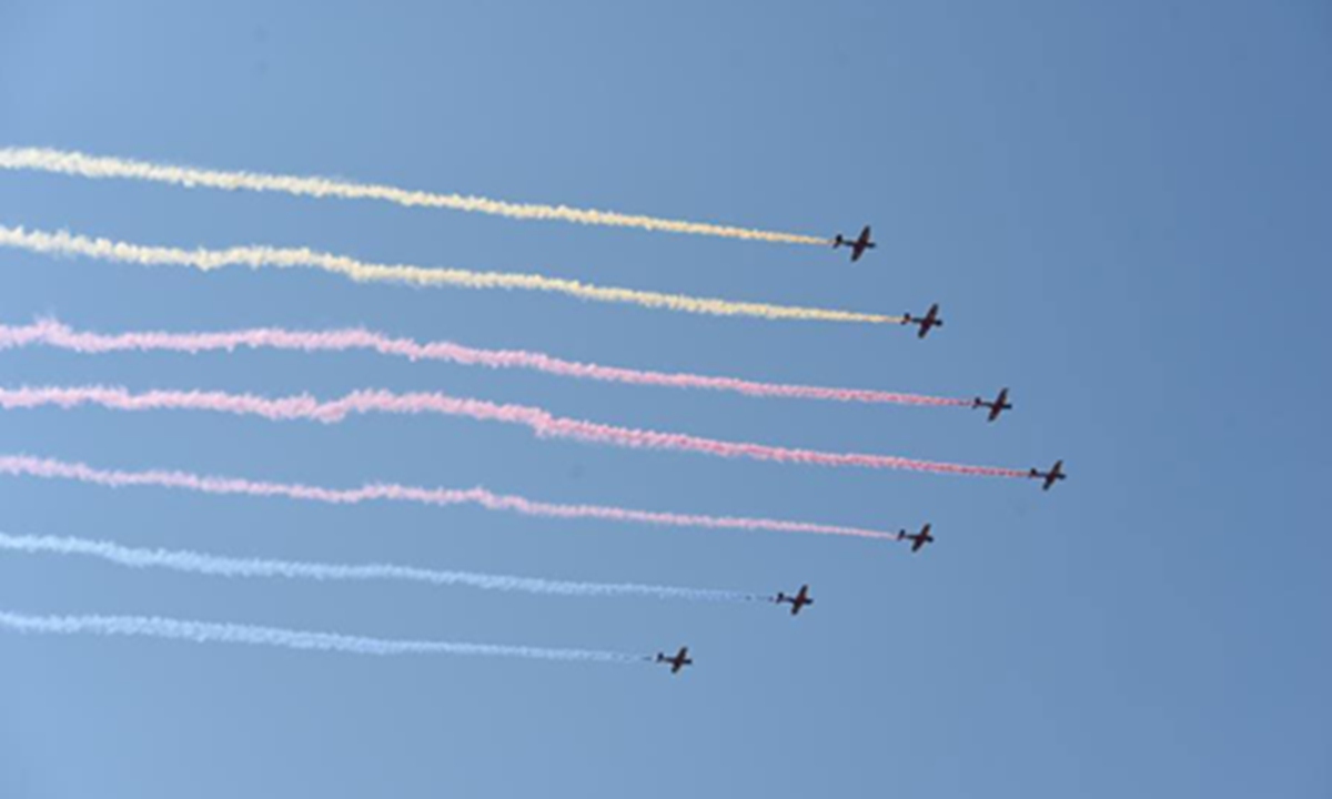 Trainer aircraft escorting the flags attend a parade in Beijing, capital of China, Sept 3, 2015. Photo: Xinhua