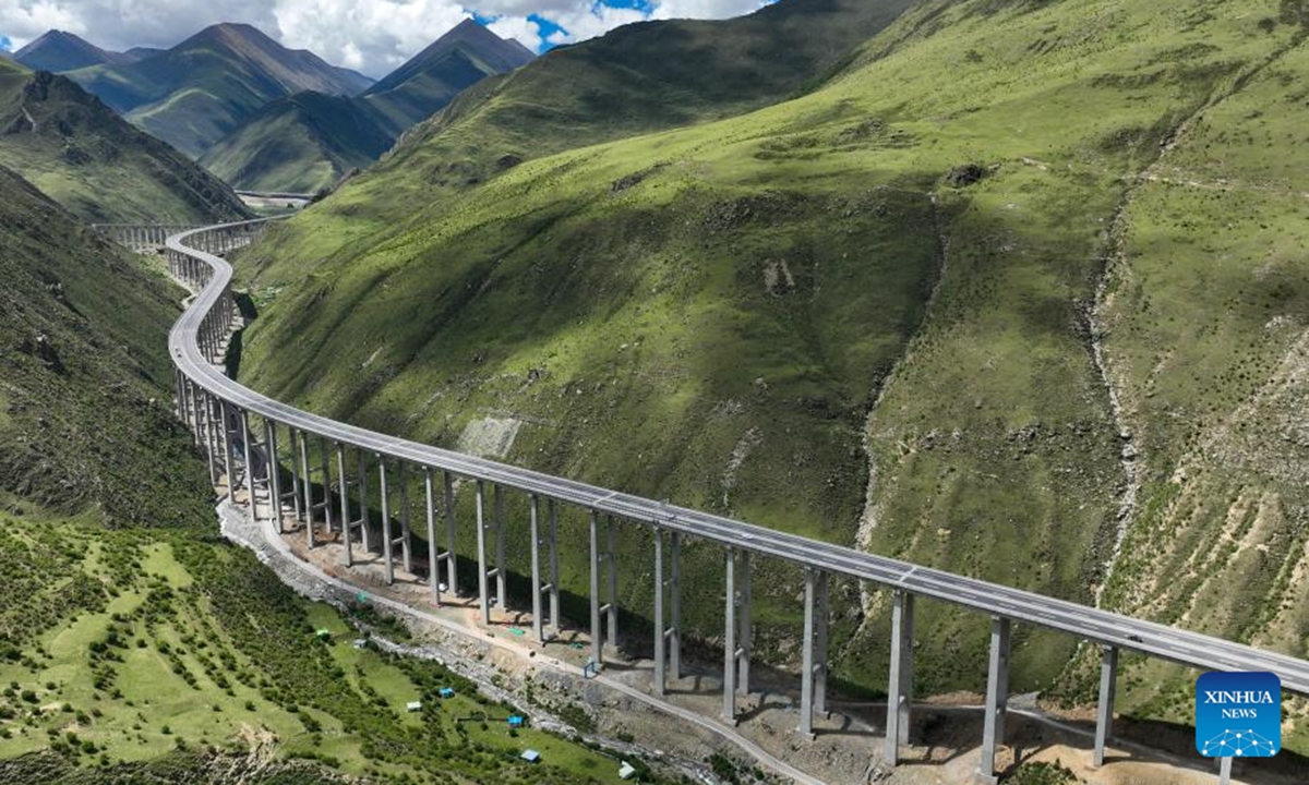 This aerial drone photo taken on July 31, 2025 shows the high-grade highway from Lhasa to Zedang in southwest China's Xizang Autonomous Region. (Xinhua/Jigme Dorje)