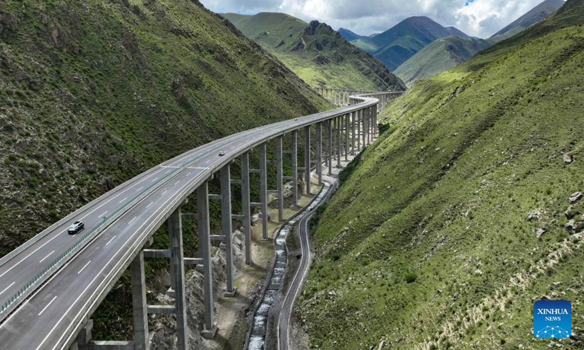 This aerial drone photo taken on July 31, 2025 shows the high-grade highway from Lhasa to Zedang in southwest China's Xizang Autonomous Region. (Xinhua/Jigme Dorje)