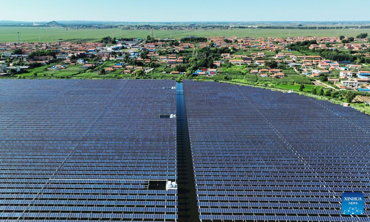 An aerial drone photo taken on July 30, 2025 shows photovoltaic panels on a reservoir in Tieling County, northeast China's Liaoning Province. In recent years, Tieling County has worked actively to promote green energy industries including wind power, photovoltaic power, hydrogen energy, so as to make progress in high-quality development of regional economy. (Xinhua/Yang Qing)