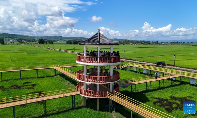 An aerial drone photo taken on July 18, 2025 shows tourists visiting the Guangdong Village, Helong City, northeast China's Jilin Province. Guangdong, a border village in Jilin Province of northeast China, received over 200,000 visits in 2024, accumulating an income of over 1 million yuan (about 139,317 U.S. dollars). (Photo:Xinhua)