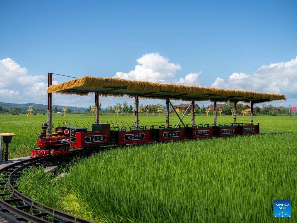 This photo taken on July 18, 2025 shows a sightseeing train in Guangdong Village, Helong City, northeast China's Jilin Province. Guangdong, a border village in Jilin Province of northeast China, received over 200,000 visits in 2024, accumulating an income of over 1 million yuan (about 139,317 U.S. dollars). (Photo:Xinhua)