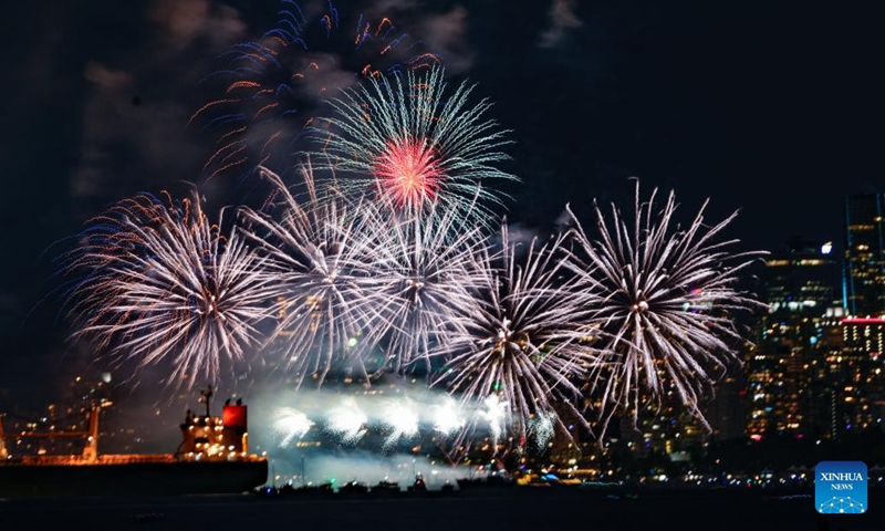 Fireworks light up the sky during the 2025 Celebration of Light at English Bay in Vancouver, British Columbia, Canada, July 19, 2025. The 33rd Celebration of Light fireworks show kicked off here Saturday. This year's event features an all-Canadian lineup, with pyrotechnic teams from Yukon, Quebec, and Nova Scotia scheduled to perform on July 19, 23, and 26, respectively. (Photo: Xinhua)