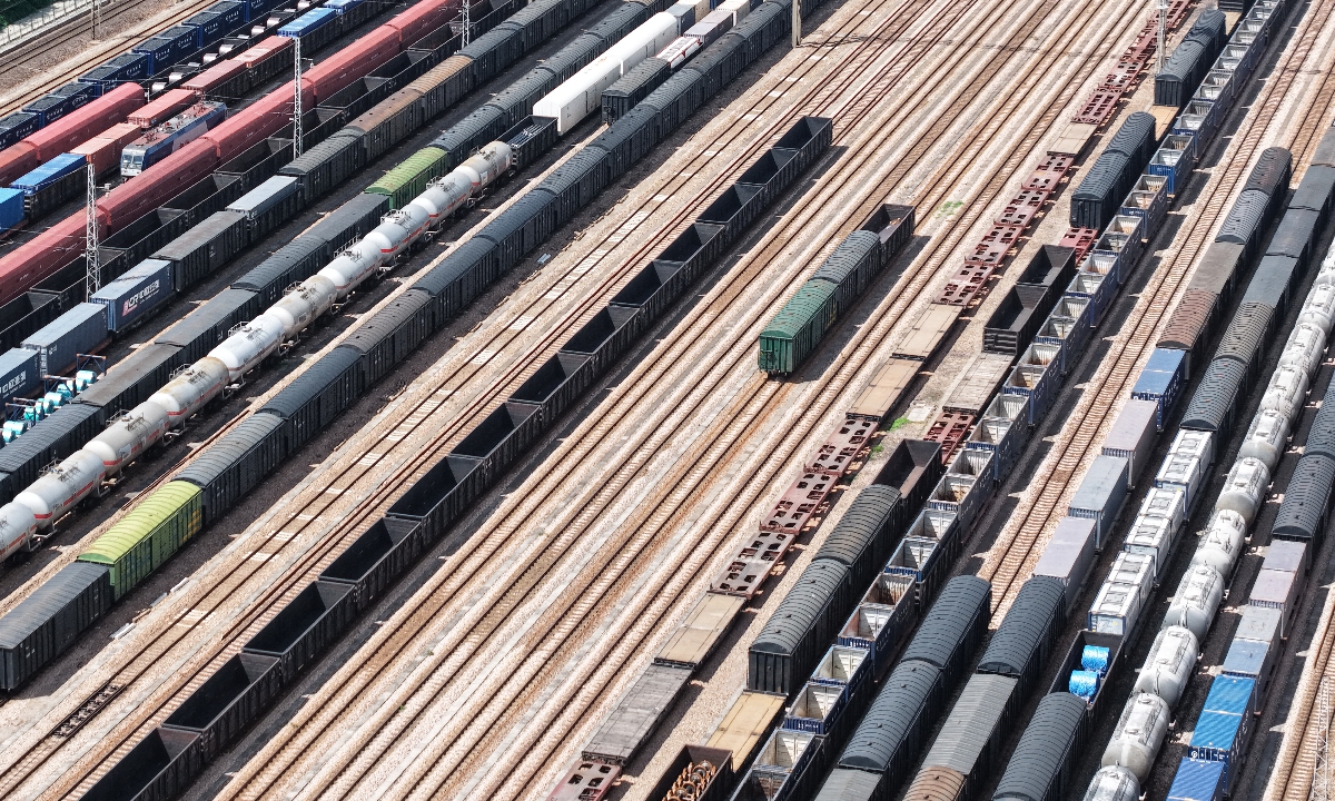 Rows of cargo trains park inside a depot at a station in Hangzhou, East China's Zhejiang Province on July 21, 2025. In the first half of this year, the national railway system transported 1.98 billion tons of cargo, a year-on-year increase of 3 percent, with the daily average number of loaded freight cars reaching 182,400, up 4 percent, data from China State Railway Group showed. Photo: VCG
