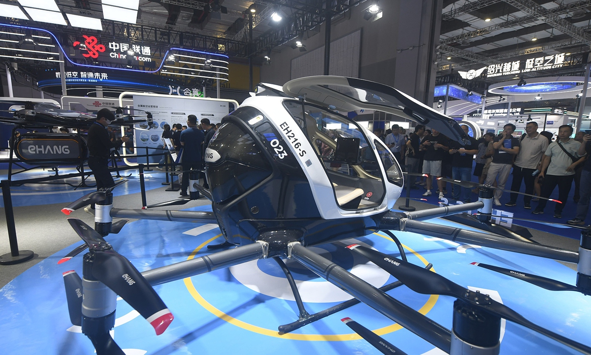 A passenger-carrying electric vertical takeoff and landing aircraft is on display at the International Advanced Air Mobility Expo in Shanghai on July 23, 2025. Photo: VCG