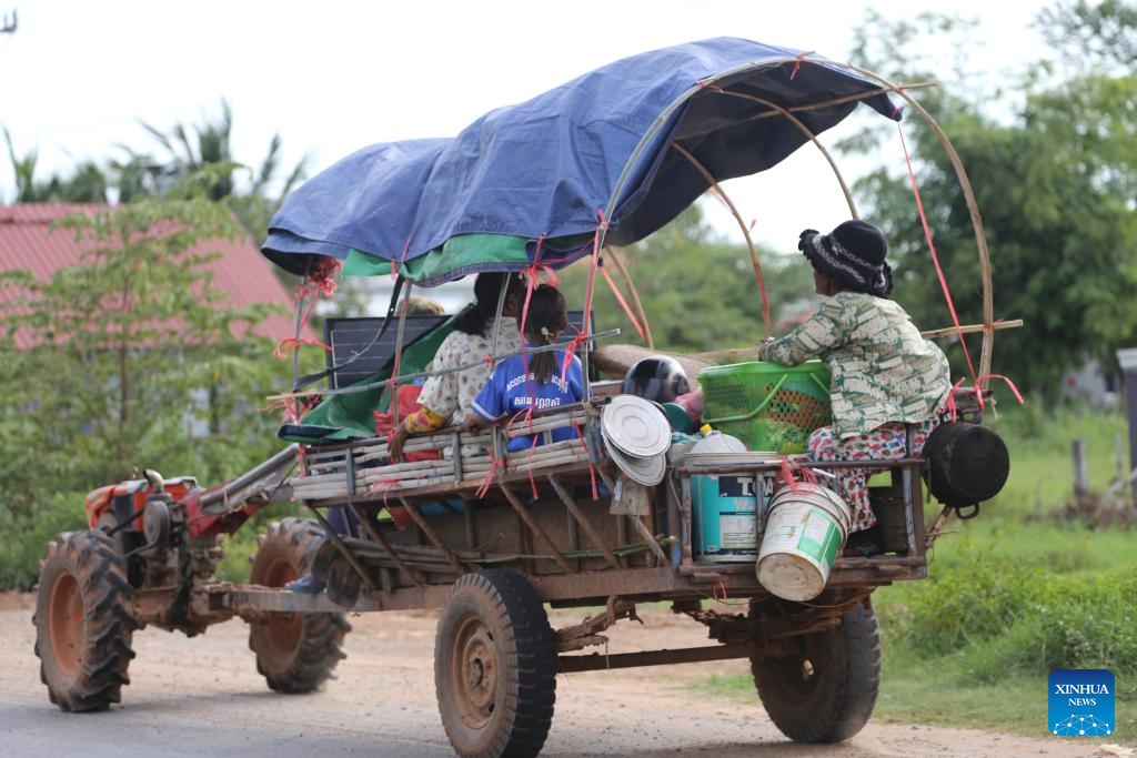 Cambodian villagers living near the border in Oddar Meanchey province flee their homes to seek refuge in Siem Reap province, Cambodia, July 25, 2025. At least 13 Cambodian people died and 71 others were injured in border clashes with Thailand, a Cambodian defense spokesperson said Saturday. According to Thai media, the border clashes started for the third day on Saturday morning after the Cambodian side opened fire against Thai troops. (Photo by Sao Khuth/Xinhua)