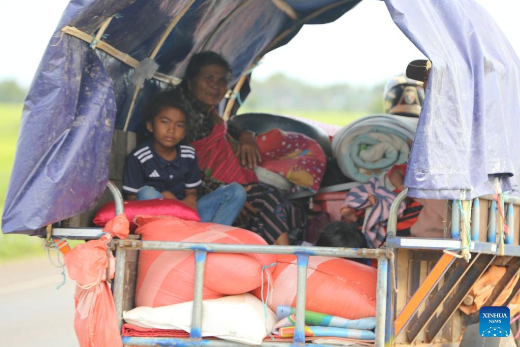 Cambodian villagers living near the border in Oddar Meanchey province flee their homes to seek refuge in Siem Reap province, Cambodia, July 25, 2025. At least 13 Cambodian people died and 71 others were injured in border clashes with Thailand, a Cambodian defense spokesperson said Saturday. According to Thai media, the border clashes started for the third day on Saturday morning after the Cambodian side opened fire against Thai troops. (Photo by Sao Khuth/Xinhua)