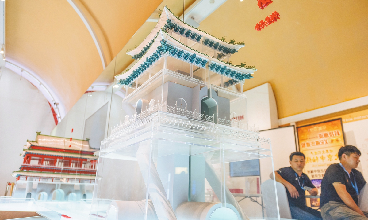 Architectural models from the exhibition on the Beijing Central Axis are on display at the Drum Tower in Beijing, on July 24, 2025. Photo: Li Hao/GT