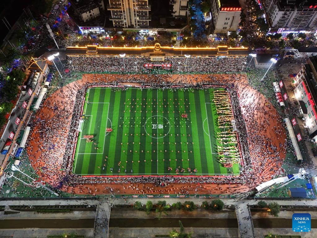 An aerial drone photo taken on July 26 shows the restart ceremony of the Village Super League, also known as Cun Chao, staged in Rongjiang County, Guizhou Province in southwest China. (Photo: Xinhua)