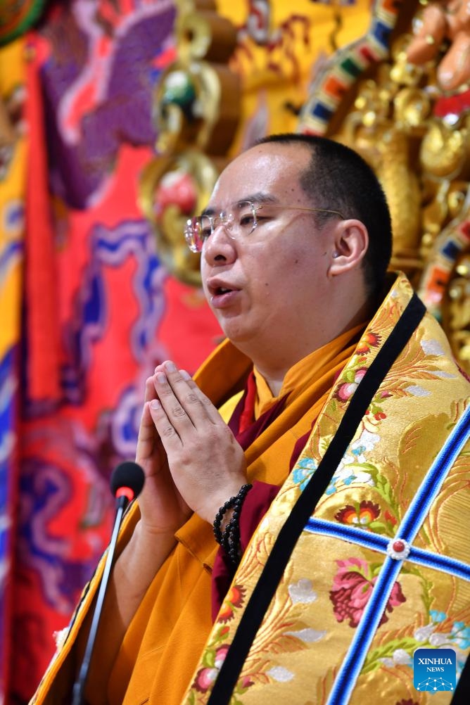 Panchen Erdeni Chos-kyi rGyal-po visits Zongang Temple in Zongang County of Qamdo, southwest China's Xizang Autonomous Region, July 8, 2025. Panchen Erdeni Chos-kyi rGyal-po visited the cities of Qamdo and Nagqu in southwest China's Xizang Autonomous Region from July 7 to 23, attending a series of religious activities and carrying out social research. (Photo: Xinhua)