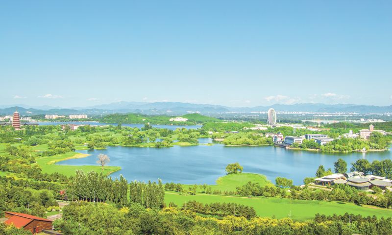 An aerial view of Yanqi Lake in Huairou district, Beijing Photo: VCG