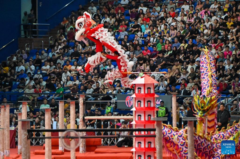A team from Myanmar competes during the 15th Genting World Lion Dance Championship in Pahang state, Malaysia, July 27, 2025. The event was held in Genting on Sunday, with 40 international lion dance teams competing for the champion. (Photo: Xinhua)