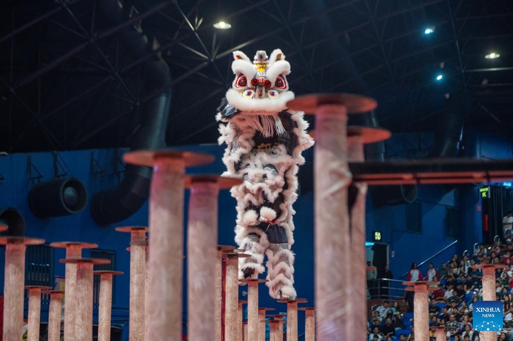 A team from Japan competes during the 15th Genting World Lion Dance Championship in Pahang state, Malaysia, July 27, 2025. The event was held in Genting on Sunday, with 40 international lion dance teams competing for the champion. (Photo: Xinhua)