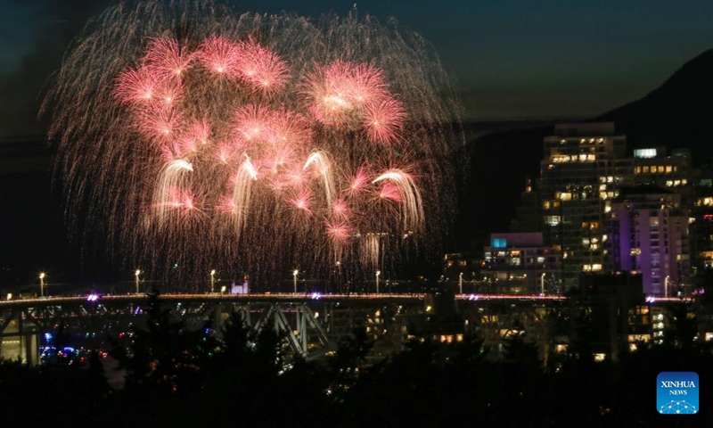 Fireworks light up the sky during the 2025 Celebration of Light at English Bay in Vancouver, British Columbia, Canada, July 26, 2025. A fireworks show presented by Team Nova Scotia illuminated the sky on Saturday, marking the final performance of the 2025 Celebration of Light. (Photo: Xinhua)