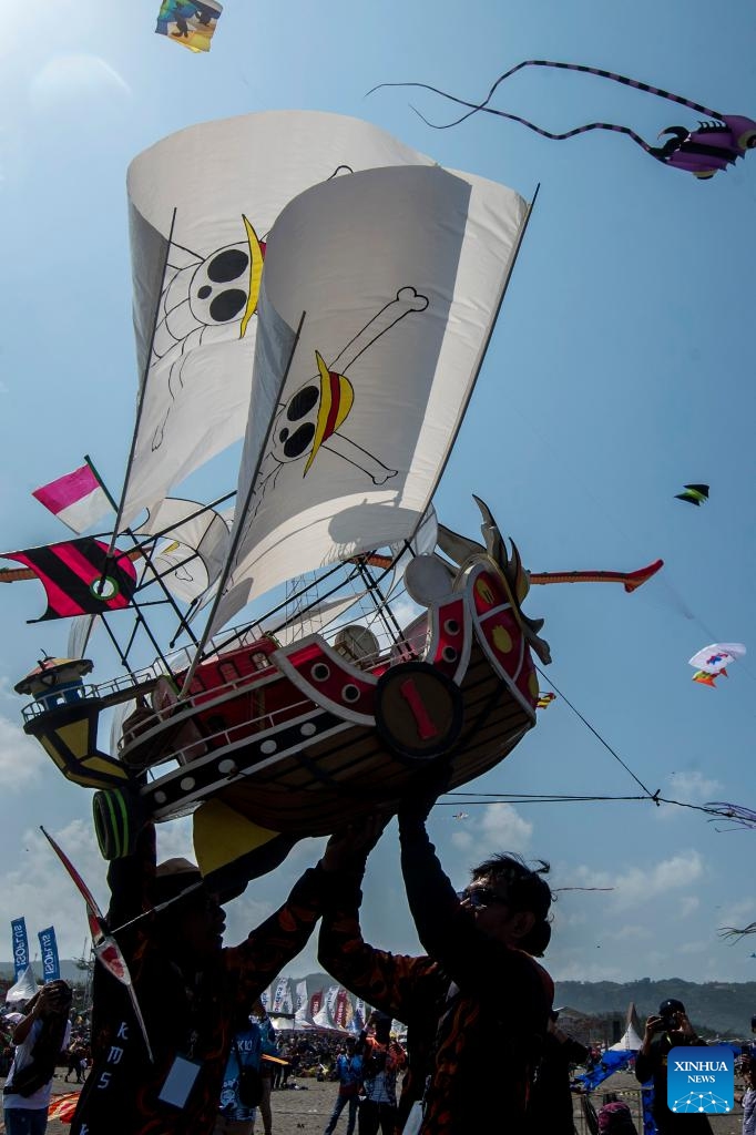 Participants fly their kites during the Jogja International Kite Festival 2025 at Parangkusumo beach in Yogyakarta, Indonesia, July 27, 2025.（Photo: Xinhua)