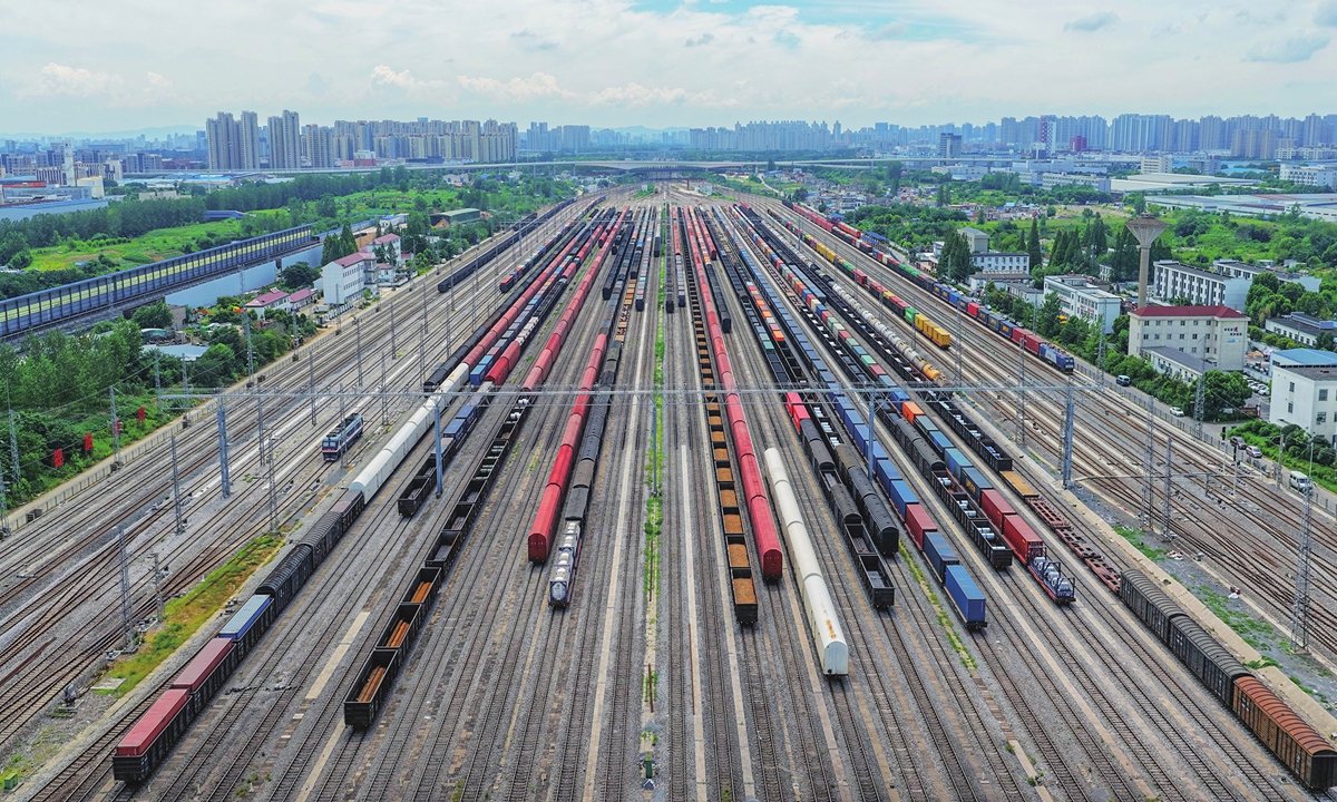 Freight trains are lined up and ready for departure at the Hefei East Station in Hefei, East China's Anhui Province, on July 30, 2025. In the first half of 2025, China's total social logistics - the combined value of physical goods moved through the logistics system - reached 171.3 trillion yuan ($23.79 trillion), up 5.6 percent year-on-year. Photo: VCG