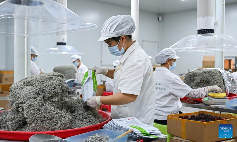 Workers pack vine tea at a workshop in Laifeng County of Enshi Tujia and Miao Autonomous Prefecture, central China's Hubei Province, Aug. 1, 2025. Laifeng County has leveraged comprehensive industrial chain development to optimize the business ecosystem for vine tea cultivation. The county has expanded its vine tea plantations to 102,000 mu (about 6,800 hectares), generating an annual output value of 2.253 billion yuan (about 321.4 million U.S. dollars). The industry has lifted household incomes for over 20,000 rural families. Photo: Xinhua