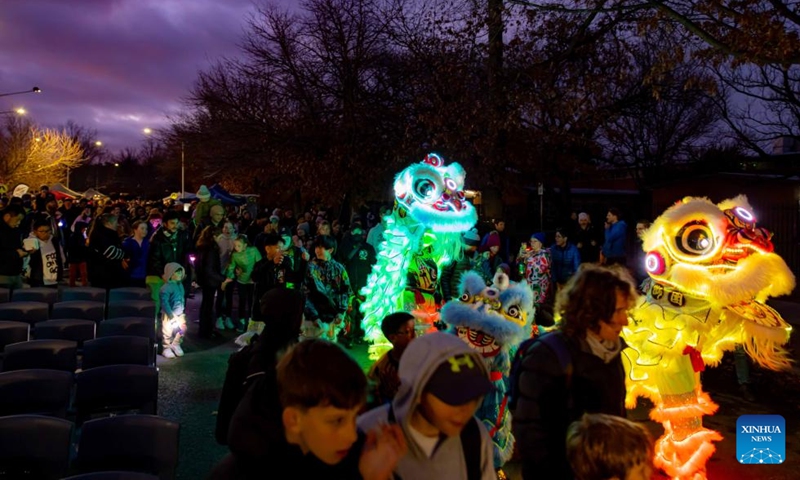 This photo taken on Aug. 2, 2025 shows the scene in the Light Up Lyneham winter community celebration in Canberra, Australia. The Light Up Lyneham 2025 winter community celebration took place on Saturday in Canberra, featuring food, music, lion dance performance, artistic lighting and lantern display. Photo: Xinhua