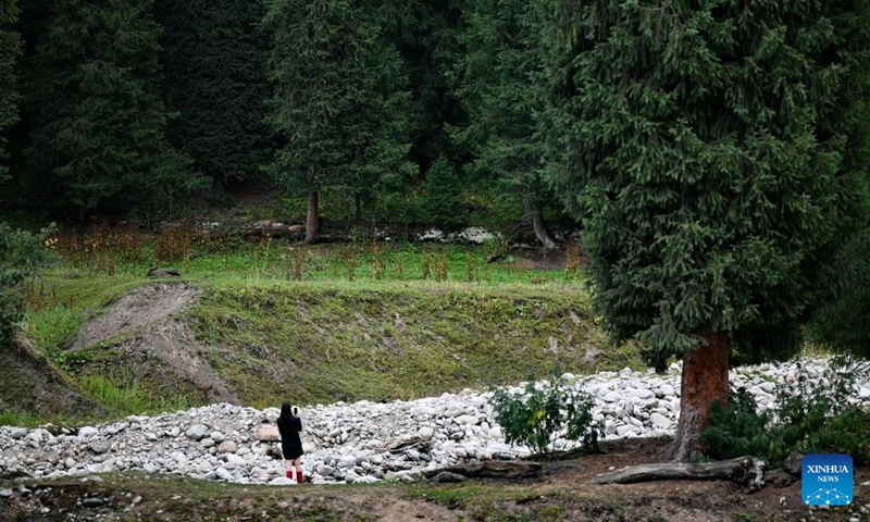 A tourist takes photos at Koldeneng in Gongliu County of Ili Kazak Autonomous Prefecture, northwest China's Xinjiang Uygur Autonomous Region, on Aug. 2, 2025. Photo: Xinhua