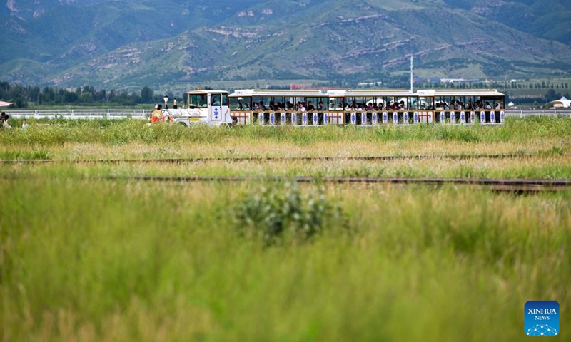 Tourists take a sight-seeing train at a grassland in Hohhot, north China's Inner Mongolia Autonomous Region, Aug. 3, 2025. (Xinhua/Li Zhipeng)