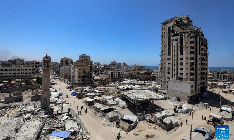 Tents for displaced Palestinians are seen at a temporary shelter in Gaza City, on Aug. 4, 2025. Gaza-based health authorities on Monday said at least 9,440 Palestinians have been killed and 37,986 others injured since Israel renewed its intensive strikes in Gaza on March 18, bringing the total death toll since October 2023 to 60,933, and injuries to 150,027. (Photo by Rizek Abdeljawad/Xinhua)