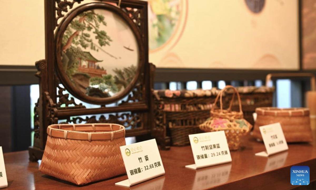 This photo taken on Aug. 5, 2025 shows cultural and creative products made of bamboo at Jingshan Village in Yuhang District of Hangzhou City, east China's Zhejiang Province. Jingshan Village, located in Yuhang District of Hangzhou City, east China's Zhejiang Province, is celebrated for its top-notch forest coverage rate of over 96 percent.

In recent years, the village has been boosting coordinated development of its tea industry and tourist service through creative projects such as digital tea gardens and low-carbon homestays, aiming to convert ecological advantages into economic propellers. (Xinhua/Mao Zhu)