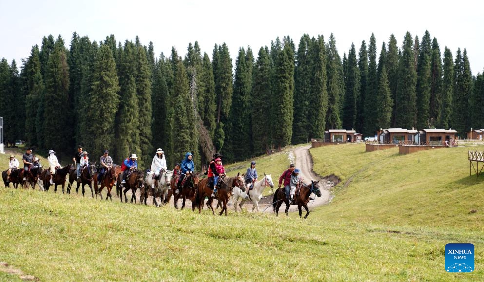 Tourists ride horses at a scenic area in Gongliu County of Ili Kazak Autonomous Prefecture, northwest China's Xinjiang Uygur Autonomous Region, Aug. 2, 2025. Ili Kazak Autonomous Prefecture has ushered in its peak tourism period. The region's unique natural landscapes and cultural sites have attracted a large number of visitors. It received 54.93 million domestic tourists in the first seven months of this year, a year-on-year increase of 10.31 percent. (Xinhua/Liu Lianfen)