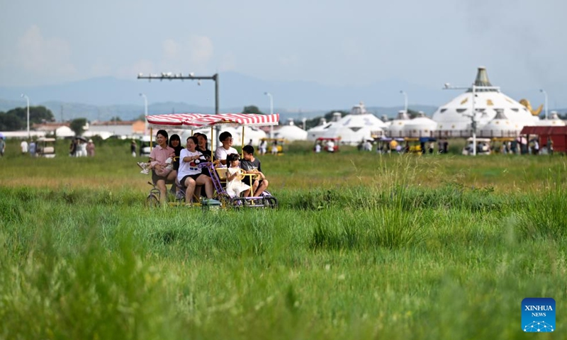 Tourists visit a grassland in Hohhot, north China's Inner Mongolia Autonomous Region, Aug. 3, 2025. (Xinhua/Li Zhipeng)