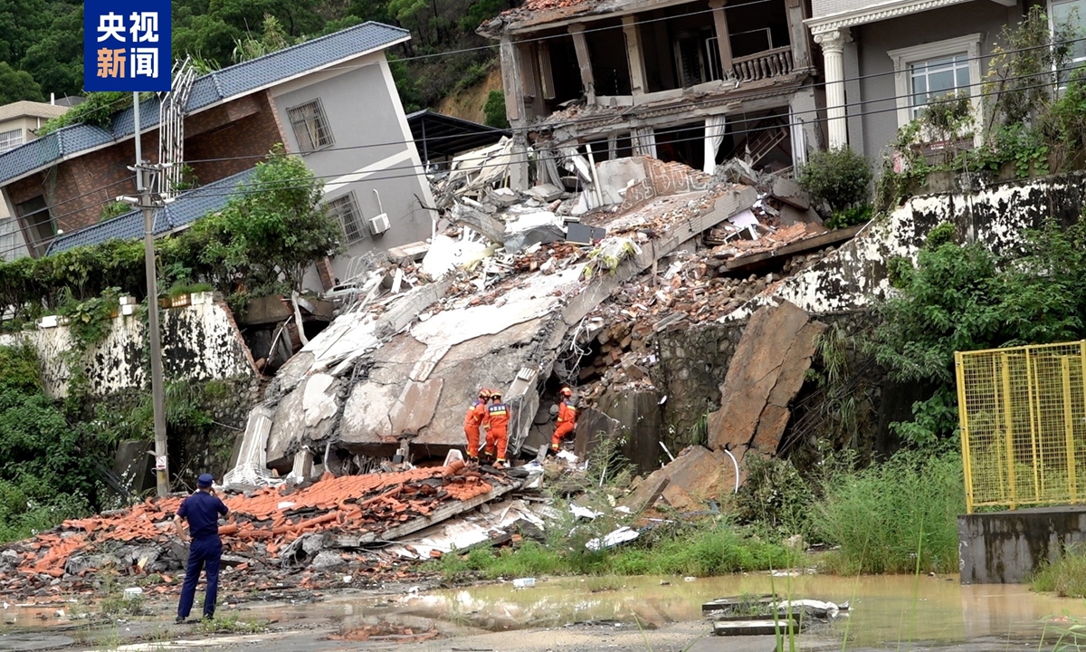 A landslide triggered by days of heavy rain damages houses and leaves some residents trapped in an area of Guangzhou, South China's Guangdong Province, on August 6, 2025. Photo: CCTV News