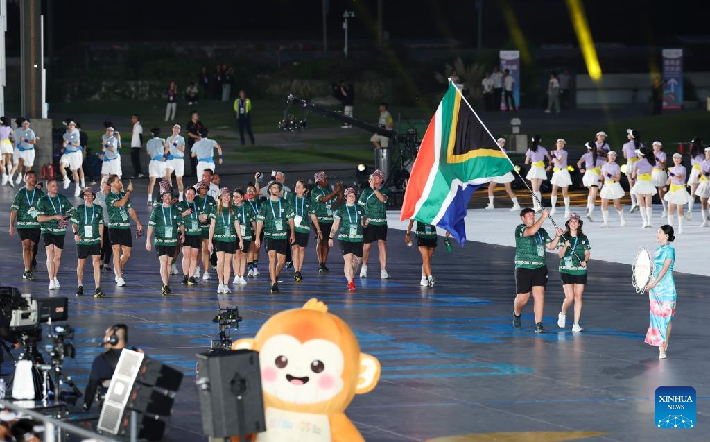 Members of the delegation of South Africa parade during the opening ceremony of the World Games 2025 in Chengdu, southwest China's Sichuan Province, on Aug. 7, 2025. (Photo: Xinhua)
