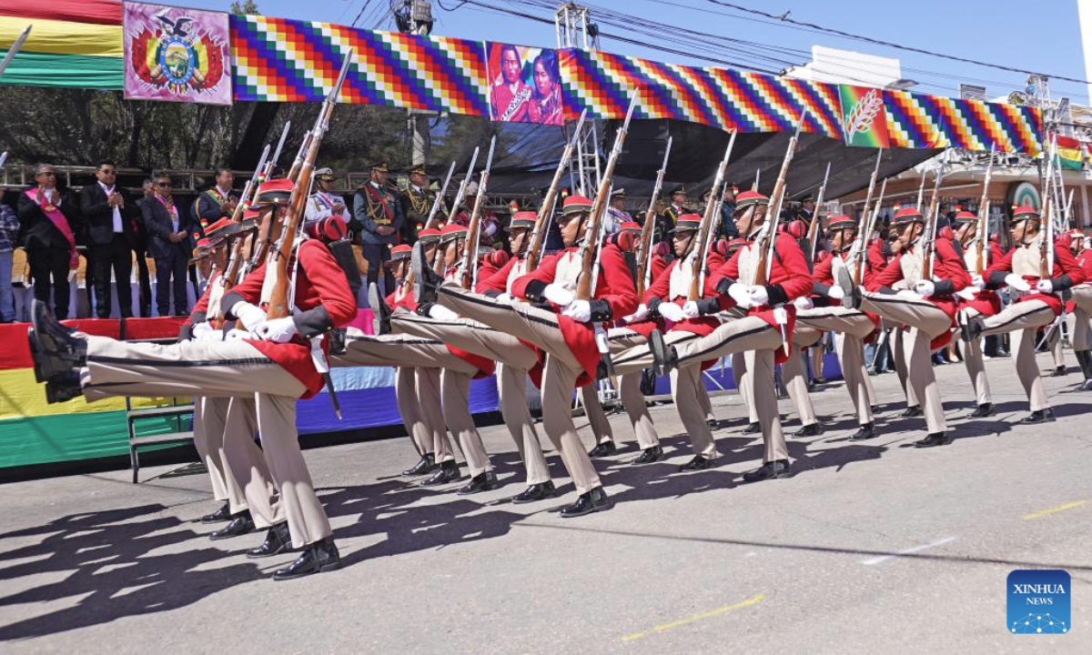 Soldiers participate in a parade to commemorate the Bolivian Armed Forces Day in Sucre, Bolivia, on Aug. 7, 2025. (Photo by Javier Mamani/Xinhua)