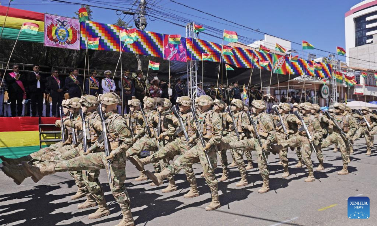 Soldiers participate in a parade to commemorate the Bolivian Armed Forces Day in Sucre, Bolivia, on Aug. 7, 2025. (Photo by Javier Mamani/Xinhua)