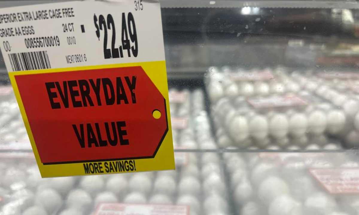 This photo taken with a mobile phone on Feb. 7, 2025 shows a price tag on a shelf for eggs at a local supermarket in El Monte, Los Angeles County, California, the United States. (Photo by Zeng Hui/Xinhua)