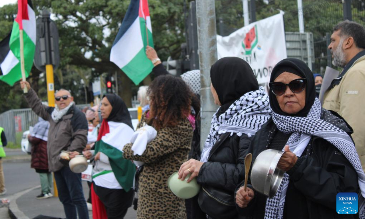 Healthcare workers protest Israel's weaponization of hunger and mass starvation in Gaza, in Cape Town, South Africa, on Aug. 7, 2025. South African healthcare workers from both public and private hospitals nationwide took part in the protest on Thursday. (Photo by Shakirah Thebus/Xinhua)