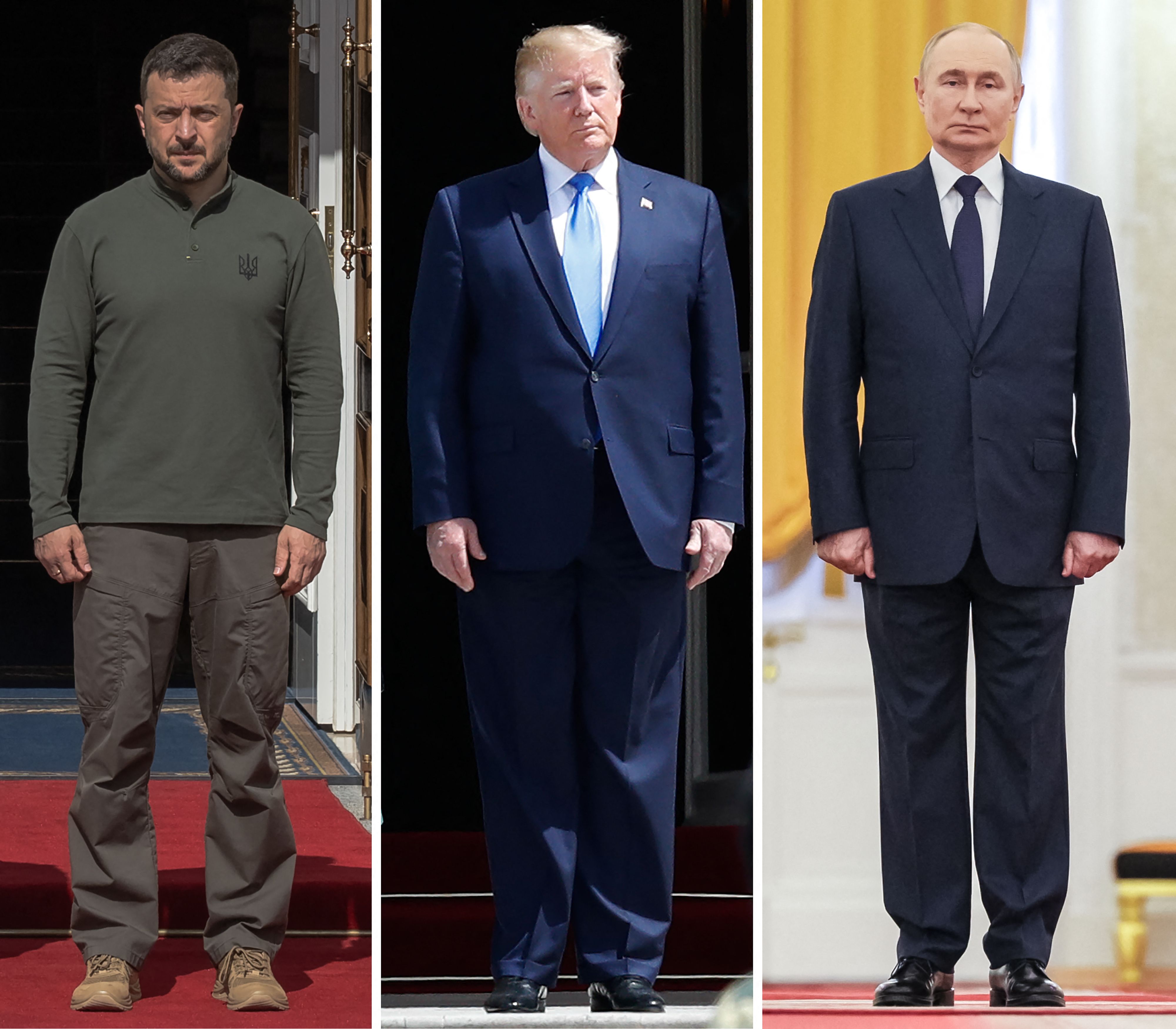 This combination of photographs created on August 7, 2025, shows Ukraine's President Volodymyr Zelensky (L) in Kyiv on August 23, 2024, US President Donald Trump in London on June 3, 2019 and Russia's President Vladimir Putin in Moscow, on August 6, 2025. Photo: VCG