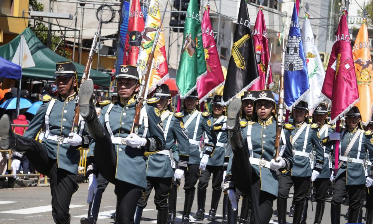 Soldiers participate in a parade to commemorate the Bolivian Armed Forces Day in Sucre, Bolivia, on Aug. 7, 2025. (Photo by Javier Mamani/Xinhua)