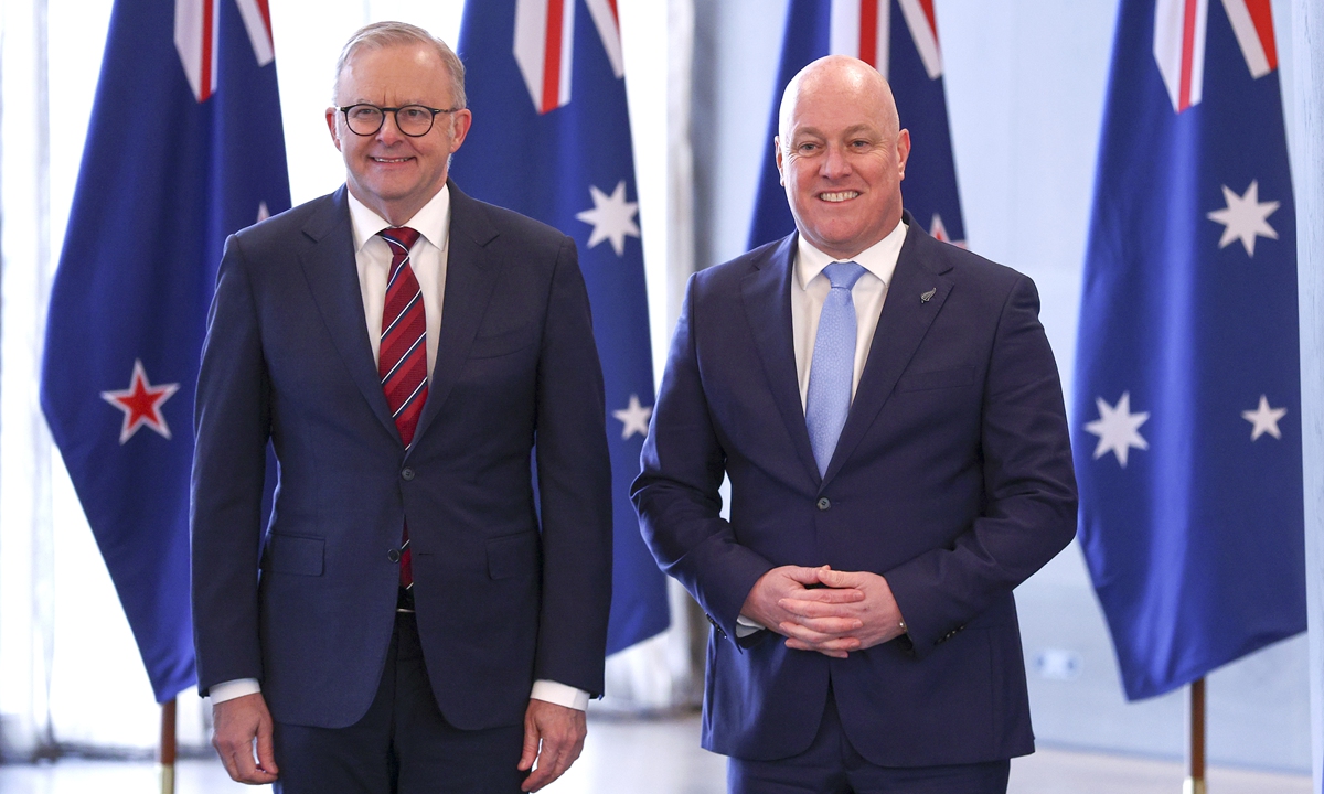 Australian Prime Minister Anthony Albanese and New Zealand Prime Minister Christopher Luxon pose during an Australia-New Zealand Leaders' Meeting at Taramea on August 09, 2025 in Queenstown, New Zealand. Photo: VCG