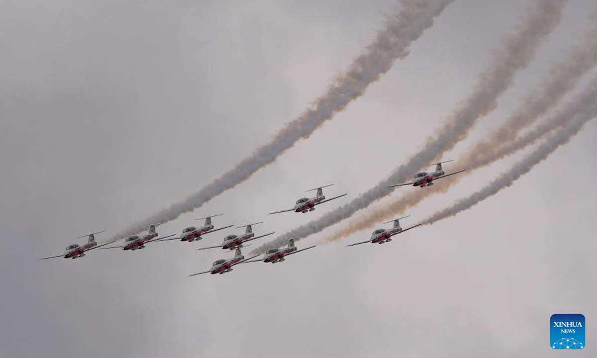 The Canadian Forces Snowbirds perform during the 2025 Abbotsford International Airshow in Abbotsford, British Columbia, Canada, on Aug. 8, 2025. As one of the largest of its kind in North America, the three-day airshow kicked off here on Friday. (Photo by Liang Sen/Xinhua)
