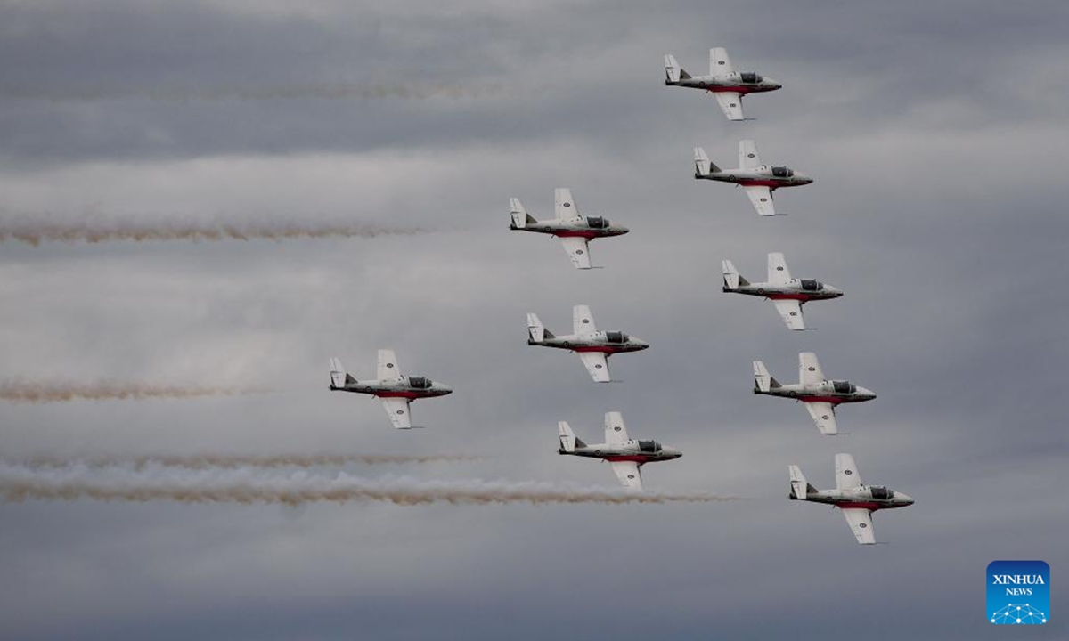 The Canadian Forces Snowbirds perform during the 2025 Abbotsford International Airshow in Abbotsford, British Columbia, Canada, on Aug. 8, 2025. As one of the largest of its kind in North America, the three-day airshow kicked off here on Friday. (Photo by Liang Sen/Xinhua)