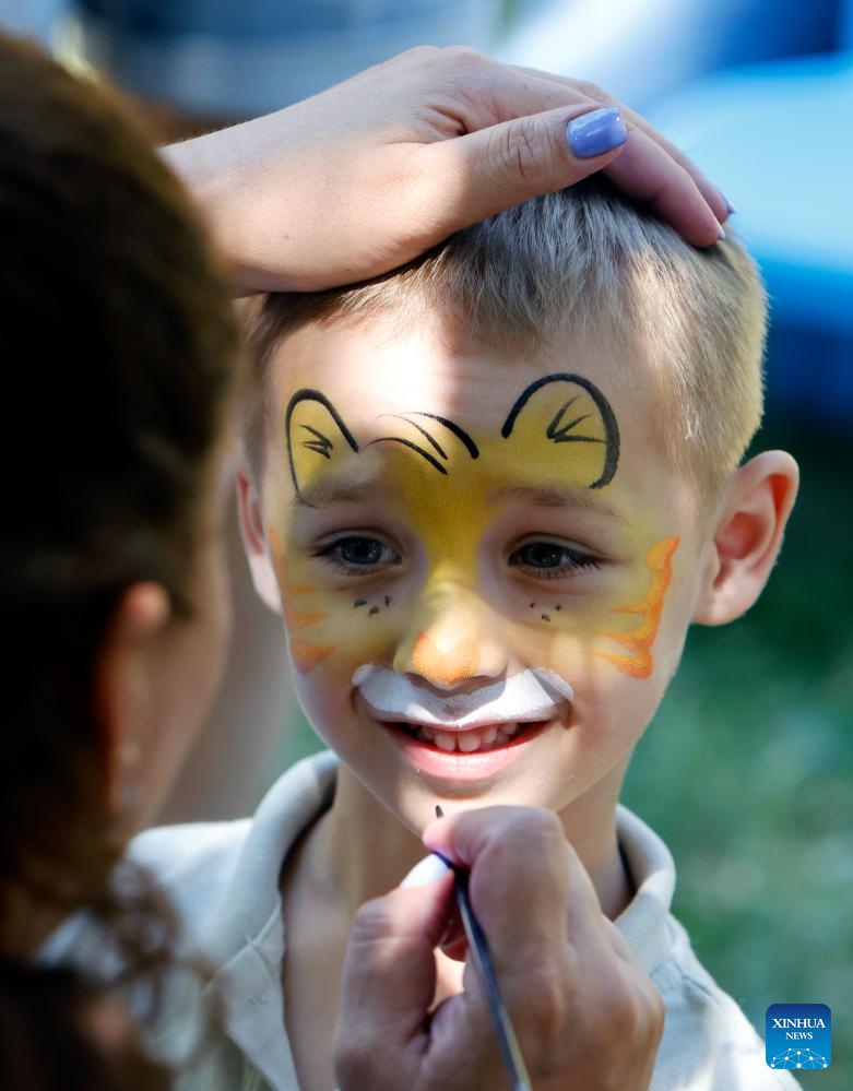 A child has his face painted to resemble a lion during an event marking the World Lion Day at Bucharest Zoo in Bucharest, Romania, Aug. 9, 2025. World Lion Day is observed on Aug. 10 every year to raise people's awareness of lion conservation. (Photo by Cristian Cristel/Xinhua)