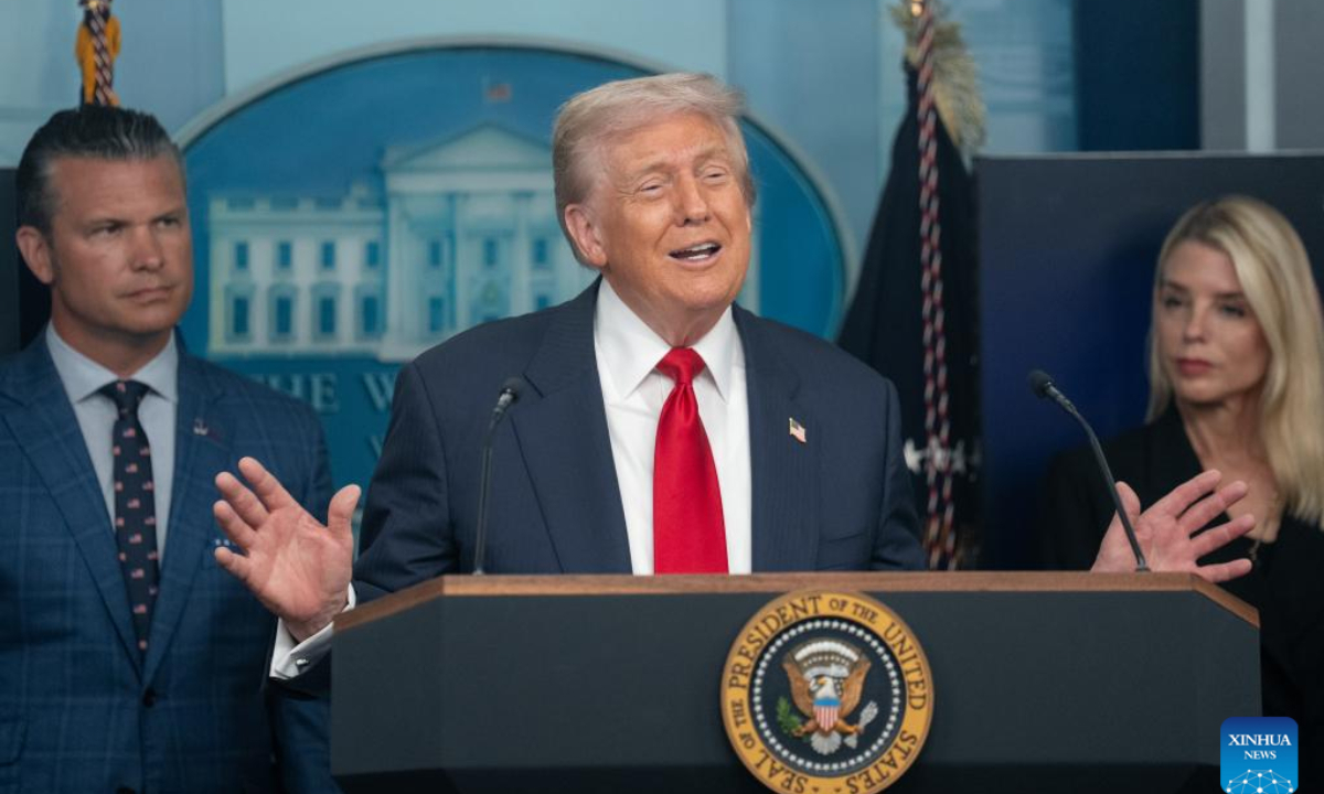 U.S. President Donald Trump (C) speaks during a press conference at the White House in Washington, D.C., the United States, on Aug. 11, 2025. Trump said at a White House press conference Monday that he is deploying the National Guard to assist in restoring law and order and public safety in Washington, D.C. (Xinhua/Hu Yousong)