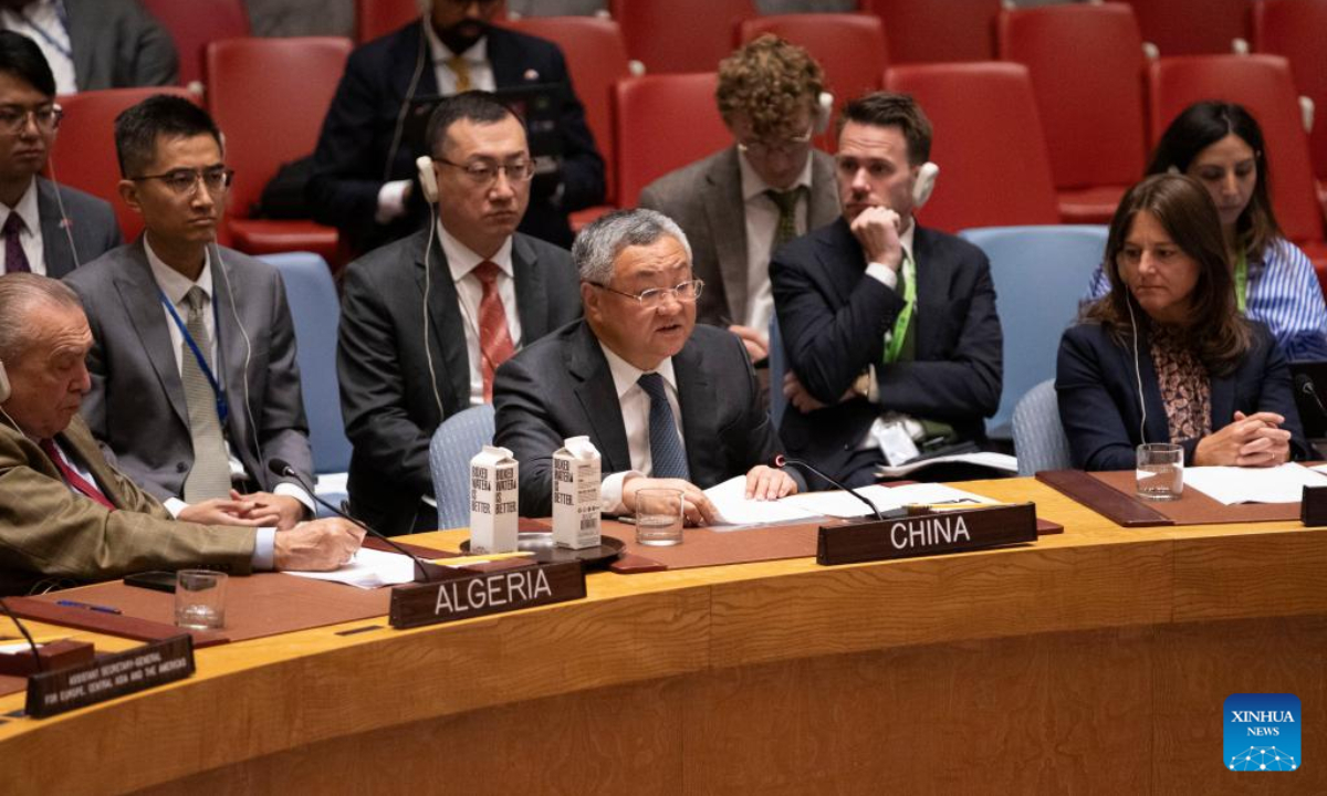 China's permanent representative to the United Nations Fu Cong (front C) speaks at a rare emergency weekend meeting on the Palestinian-Israeli issue held by the UN Security Council at the UN headquarters in New York, on Aug. 10, 2025.File photo: Xinhua