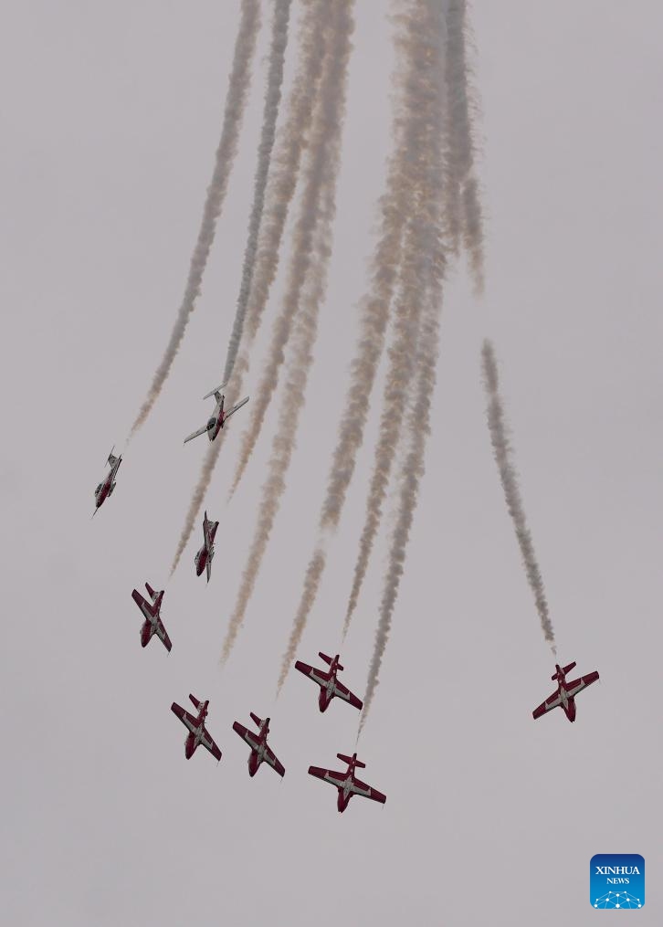 The Canadian Forces Snowbirds perform during the 2025 Abbotsford International Airshow in Abbotsford, British Columbia, Canada, on Aug. 8, 2025. As one of the largest of its kind in North America, the three-day airshow kicked off here on Friday. (Photo by Liang Sen/Xinhua)