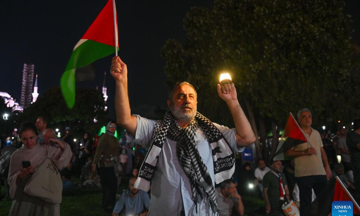 People gather to voice their support for Gaza in Istanbul, Türkiye, on Aug. 9, 2025. Thousands of Turkish protested here on Saturday, denouncing Israeli attacks and blockade in Gaza. Organized by 15 civil society organizations under the Support for Palestine Platform, the Be Hope for Gaza march gathered participants at Beyazit Square after evening prayers, before marching towards the iconic Hagia Sophia Mosque. (Xinhua/Liu Lei)