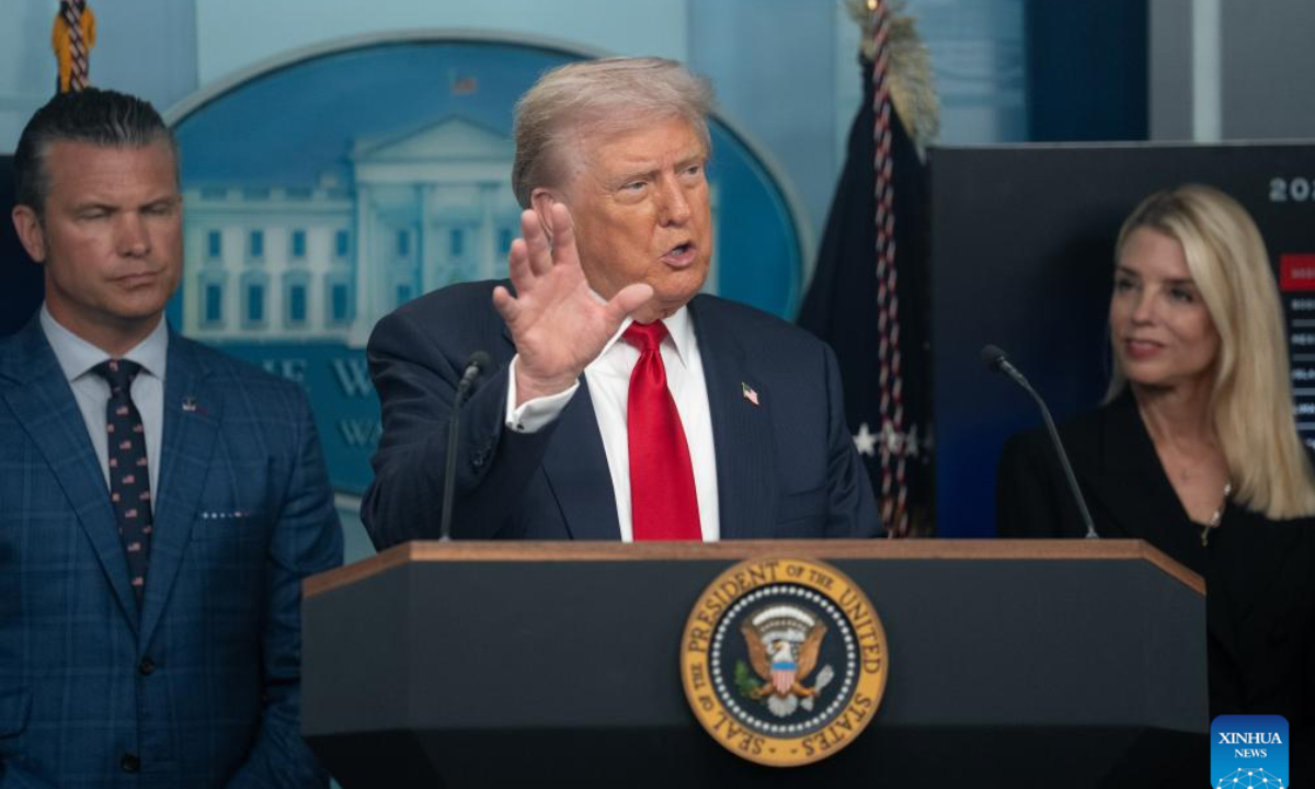 U.S. President Donald Trump (C) speaks during a press conference at the White House in Washington, D.C., the United States, on Aug. 11, 2025. Trump said at a White House press conference Monday that he is deploying the National Guard to assist in restoring law and order and public safety in Washington, D.C. (Xinhua/Hu Yousong)