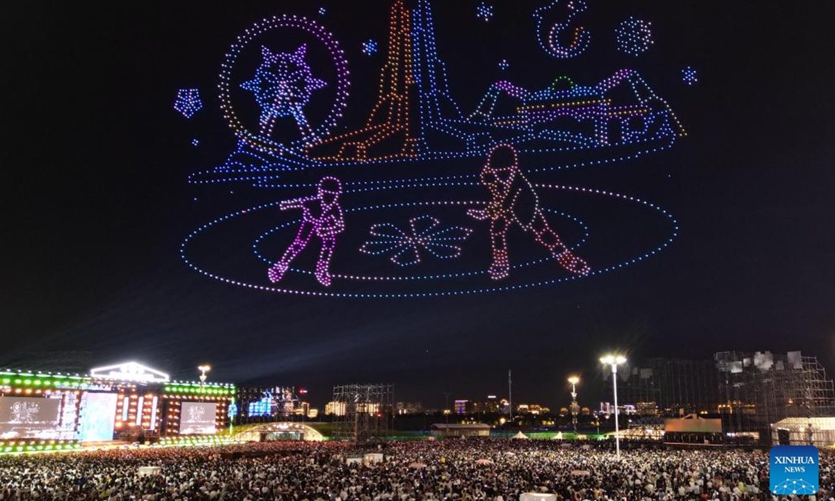 This photo taken on Aug. 8, 2025 shows a scene during a drone performance at the Harbin Ice and Snow World in Harbin, northeast China's Heilongjiang Province. A fleet of 3,000 drones presented a visual feast for tourists at the Harbin Ice and Snow World on Friday night. (Photo by Liu Yang/Xinhua)