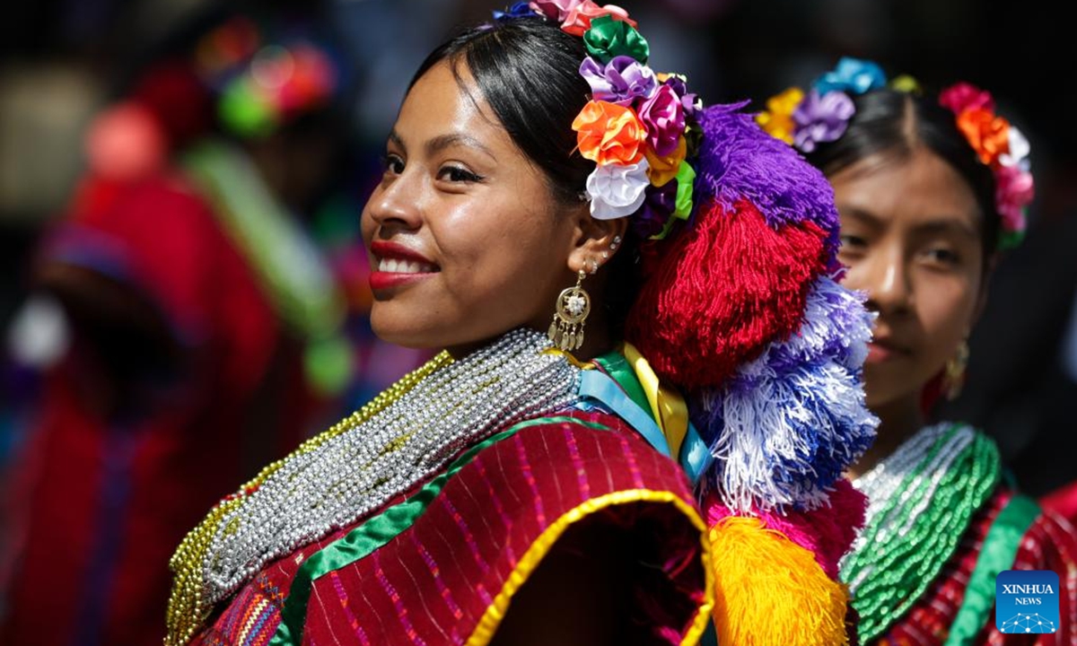 Actors in traditional costumes are pictured during a parade in commemoration of the International Day of the World's Indigenous Peoples in Mexico City, Mexico, Aug. 9, 2025. The International Day of the World's Indigenous Peoples is marked annually on Aug. 9, with this year's theme being Indigenous Peoples and AI: Defending Rights, Shaping Futures. (Photo by Francisco Canedo/Xinhua)